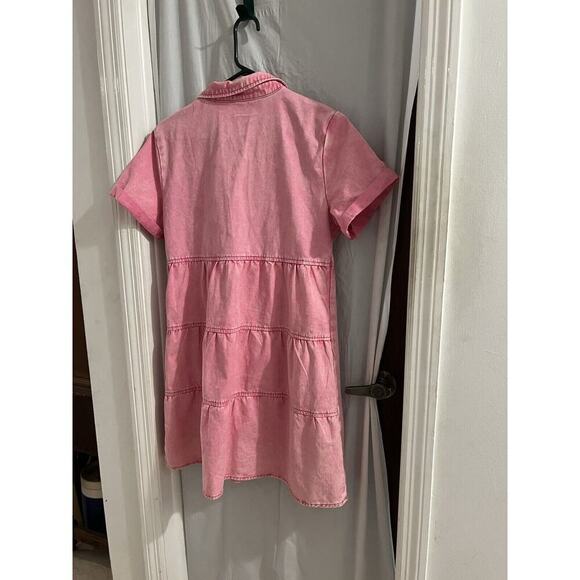 Pink Acid Wash Denim Button Down Babydoll Tiered Heart Print Dress Sz S - Picture 4 of 6